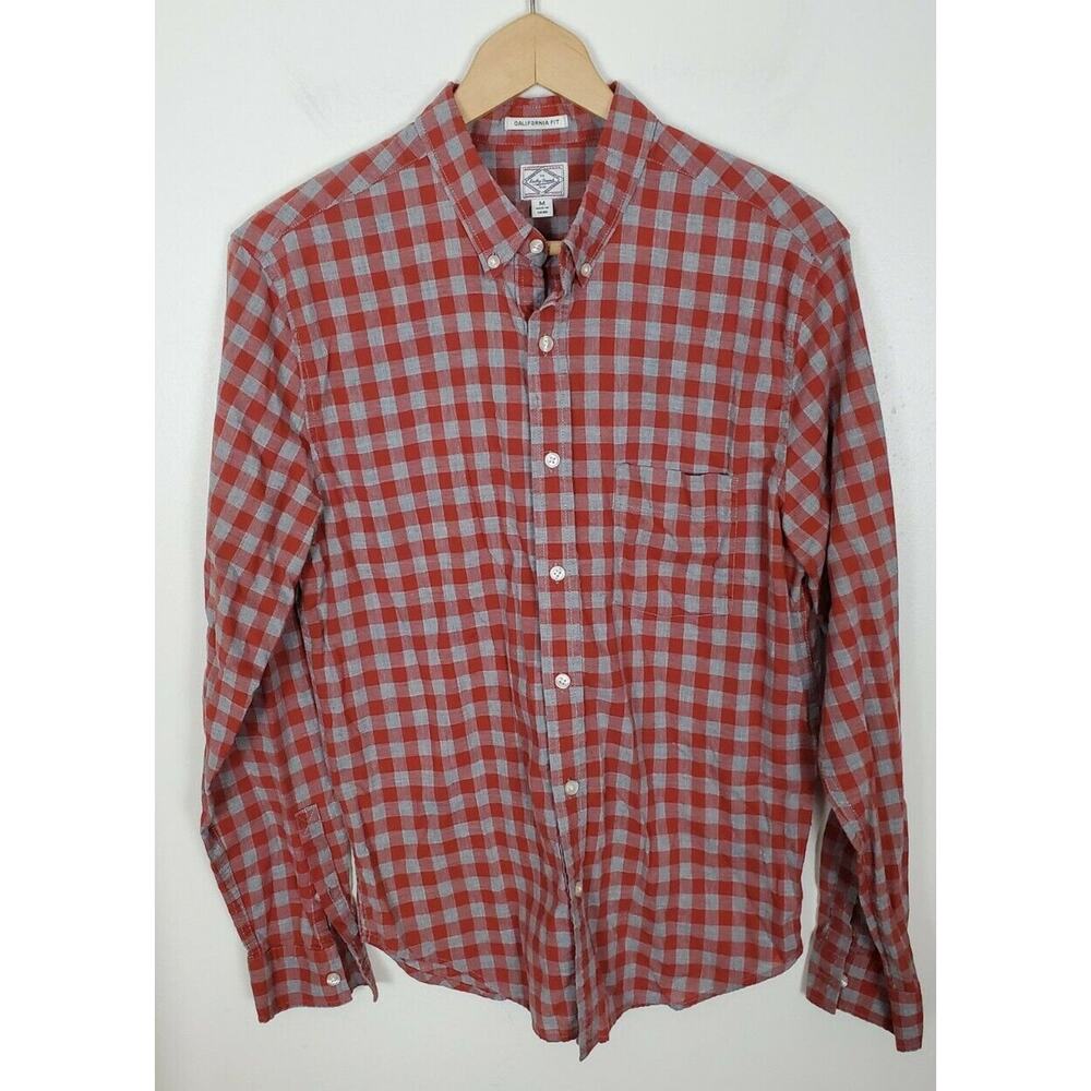 Lucky Brand California Fit Men's Medium M Red Grey Plaid Gingham Checkered